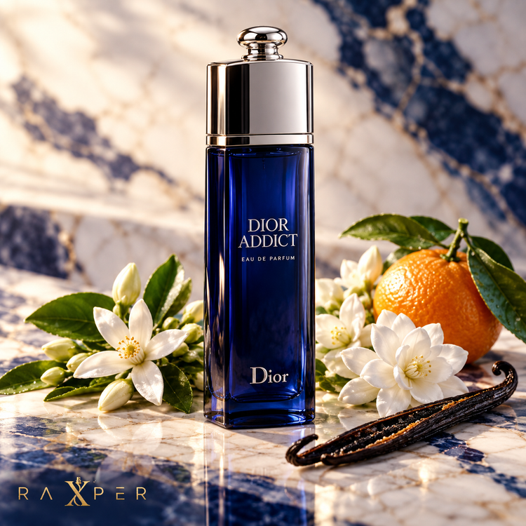 عطر دیور ادیکت EDP 2014 در کنار شکوفه پرتقال، یاس، ماندارین و وانیل