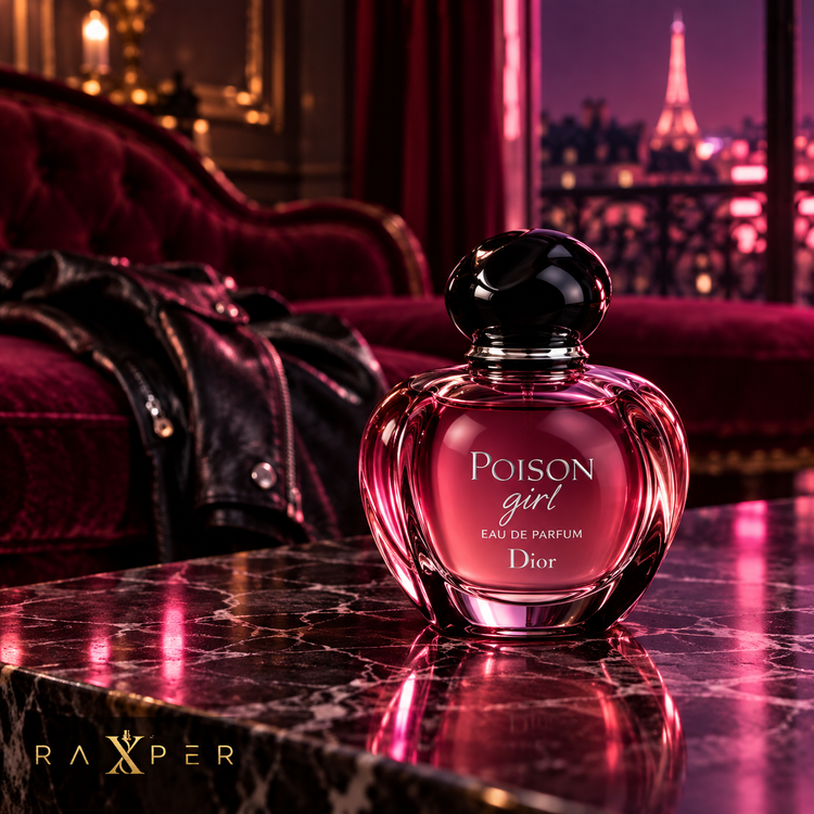 نمای ادیتوریال عطر دیور پویزن گرل در فضای شبانه لوکس پاریسی