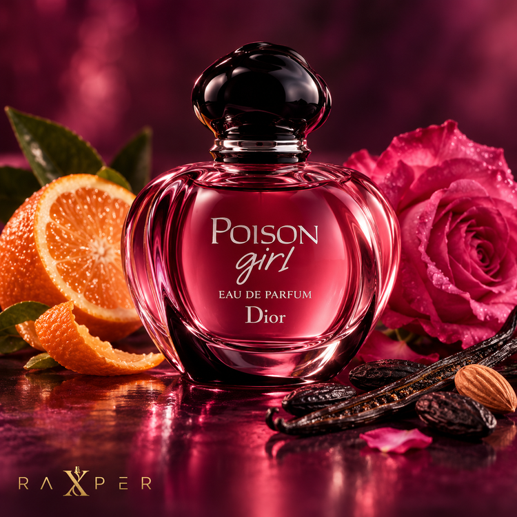 عطر دیور پویزن گرل در کنار پرتقال تلخ، رز، تونکا و وانیل
