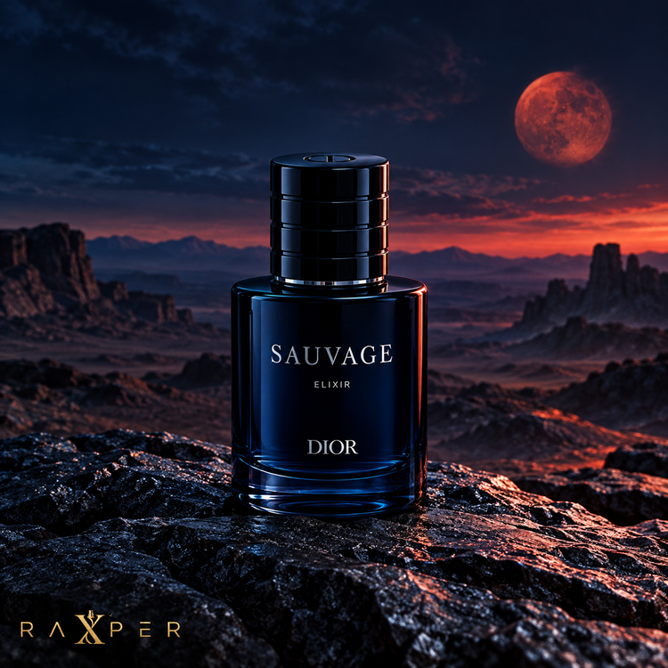 نمای ادیتوریال عطر دیور ساواج الیکسیر در فضای صخرهای زیر ماه سرخ