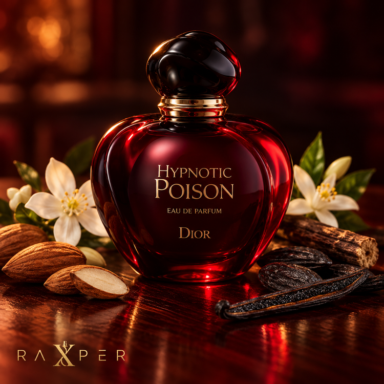 عطر دیور هیپنوتیک پویزن در کنار بادام تلخ، یاس، شکوفه پرتقال و وانیل