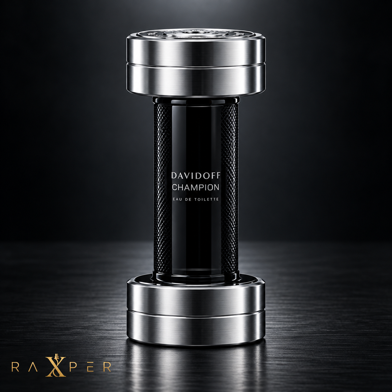 عطر دیویدوف چمپیون با بطری دمبل‌شکل در نمای استودیویی لوکس