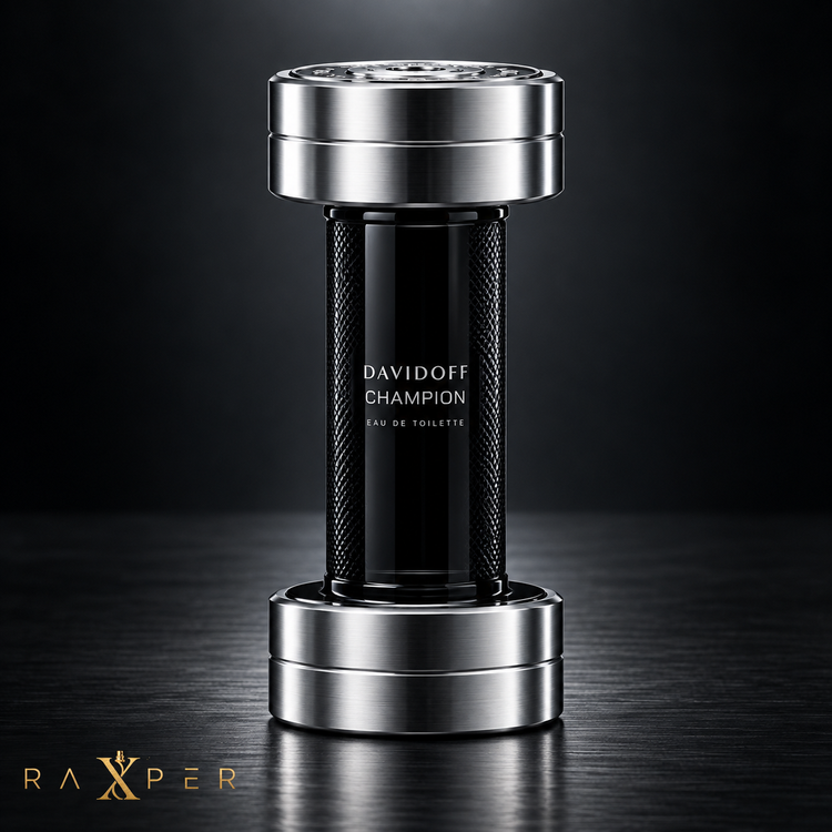 عطر دیویدوف چمپیون با بطری دمبلشکل در نمای استودیویی لوکس