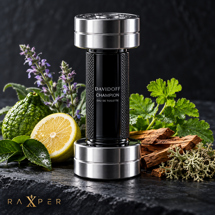 عطر دیویدوف چمپیون در کنار لیمو، برگاموت، مریمگلی، سدر و خزه بلوط