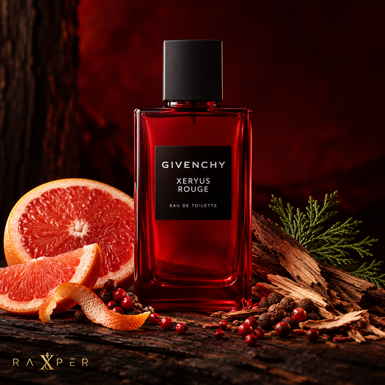 عطر جیوانچی زریوس روژ در کنار گریپفروت، فلفل پیمنتو و چوب سدر