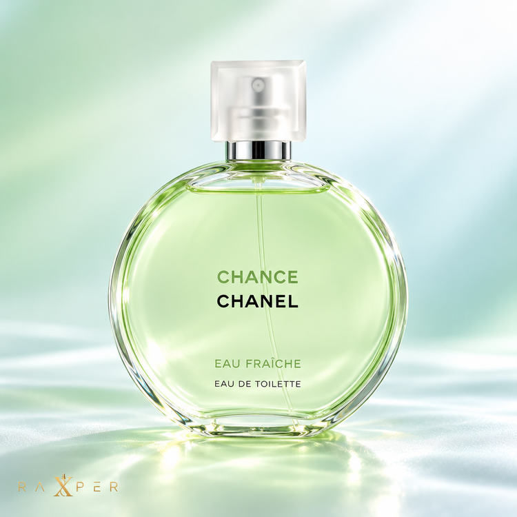 عطر شنل چنس او فرش با بطری سبز در نمای استودیویی لوکس