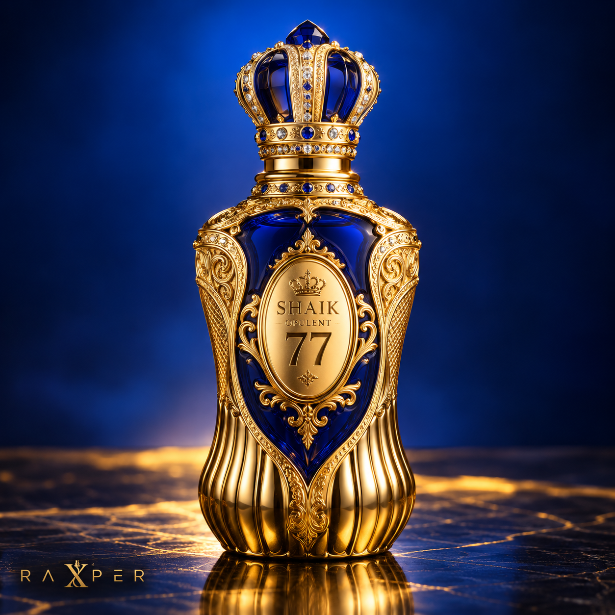 عطر شیخ اپیولنت کلاسیک شماره ۷۷ با بطری طلایی و آبی در نمای استودیویی