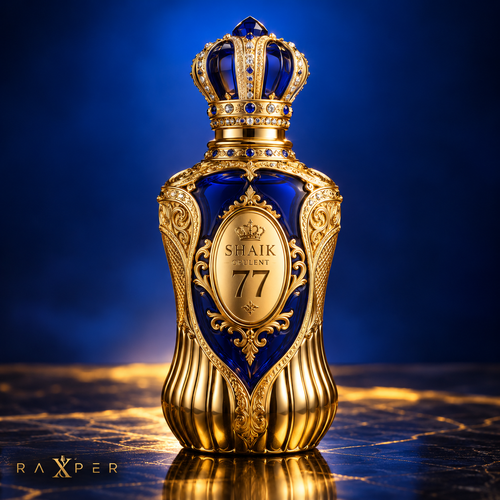 عطر شیخ اپیولنت کلاسیک شماره ۷۷ با بطری طلایی و آبی در نمای استودیویی