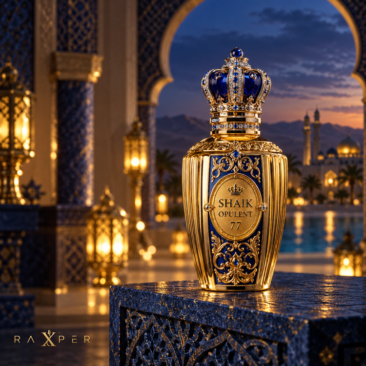 نمای ادیتوریال عطر شیخ اپیولنت کلاسیک شماره ۷۷ در فضای باشکوه شرقی