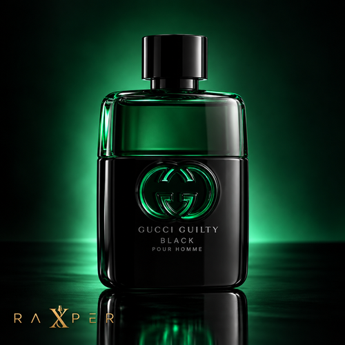 عطر گوچی گیلتی بلک پور هوم با بطری سبز و مشکی در نمای استودیویی لوکس