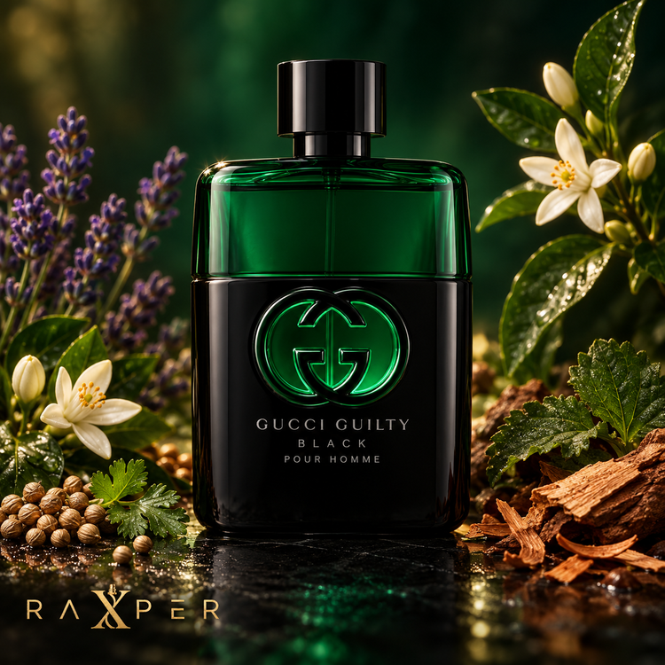 عطر گوچی گیلتی بلک پور هوم در کنار اسطوخودوس، گشنیز، شکوفه پرتقال و چوب سدر