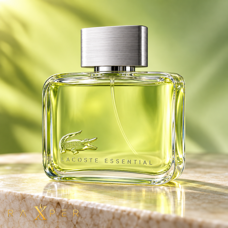 عطر لاگوست اسنشیال با بطری شفاف سبز در نمای استودیویی لوکس