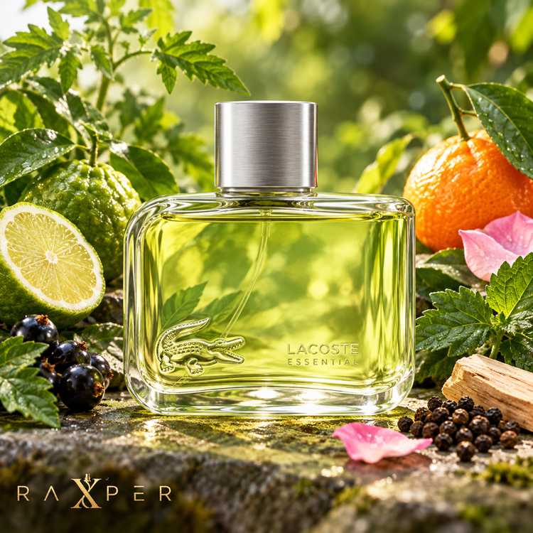 عطر لاگوست اسنشیال در کنار برگ گوجهفرنگی، برگاموت، نارنگی، انگورفرنگی و فلفل سیاه