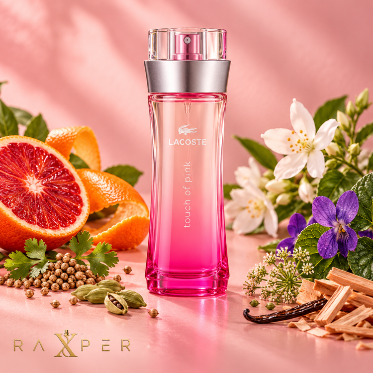 عطر لاگوست تاچ آو پینک در کنار پرتقال خونی، هل، گشنیز، یاس، بنفشه و وانیل