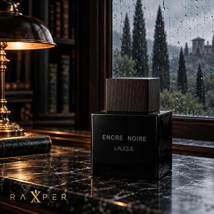 نمای ادیتوریال عطر لالیک انکر نویر در کتابخانهای لوکس و بارانی