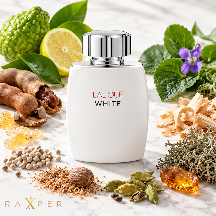 عطر لالیک وایت در کنار برگ لیمو، برگاموت، تمرهندی، هل، فلفل سفید و چوب سدر