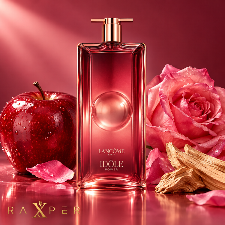 عطر لانکوم ایدول پاور در کنار سیب سرخ، رز داماسک و چوب صندل