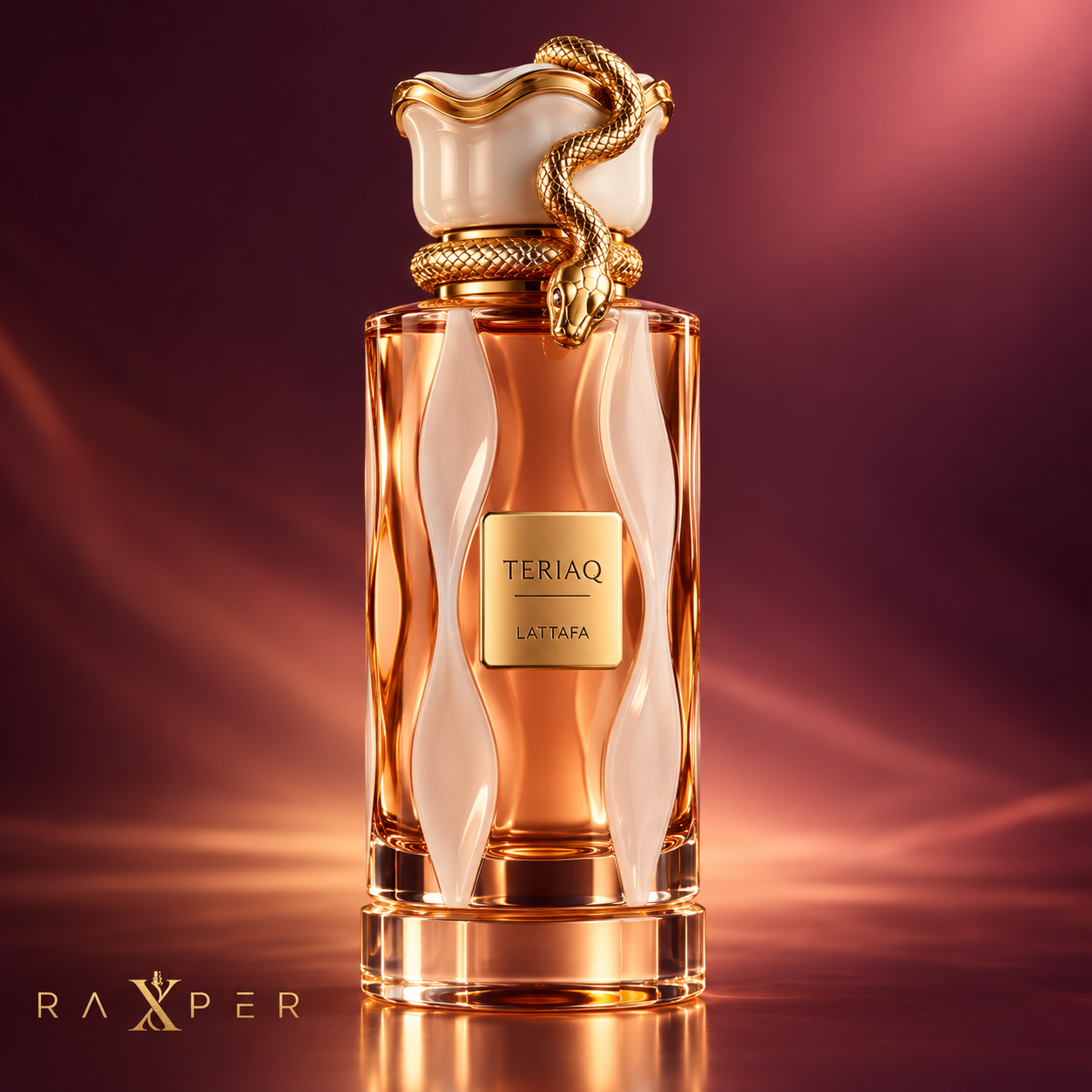 عطر لطافه تریاق با بطری طلایی و اپال در نمای استودیویی لوکس