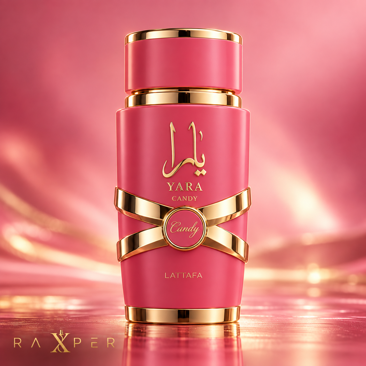 عطر لطافه یارا کندی با بطری صورتی در نمای استودیویی لوکس