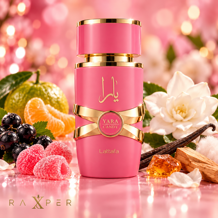 عطر لطافه یارا کندی در کنار انگورفرنگی سیاه، نارنگی سبز، آبنبات توتفرنگی و گاردنیا