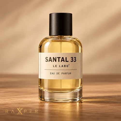 عطر لو لابو سنطال ۳۳ با بطری شفاف در نمای استودیویی لوکس