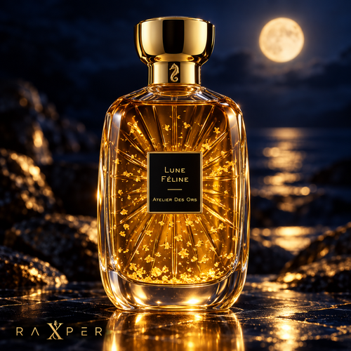 عطر آتلیه دس اورس لون فلین با بطری طلایی در نمای استودیویی لوکس