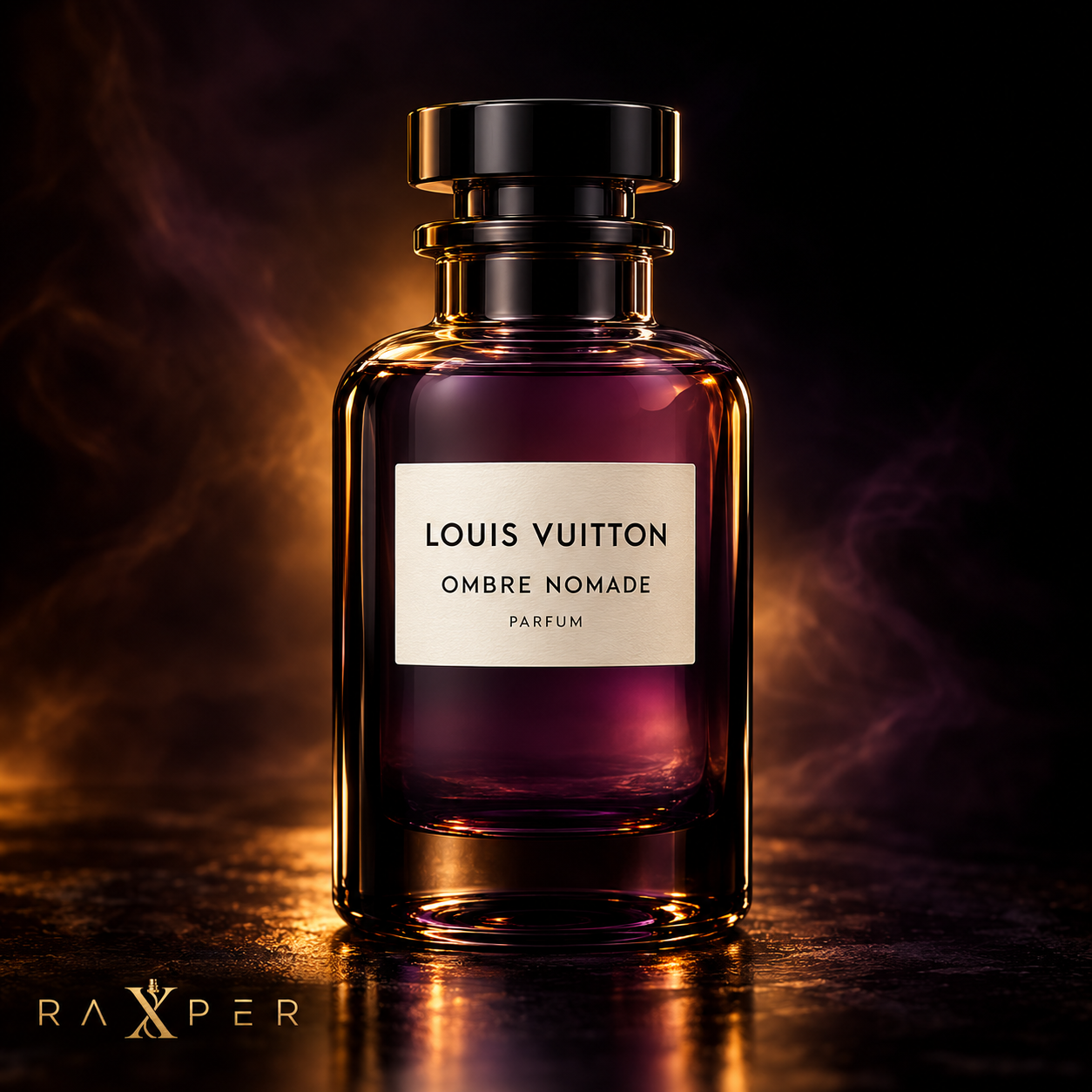 عطر لویی ویتون آمبر نوماد با بطری مشکی و بنفش در نمای استودیویی لوکس