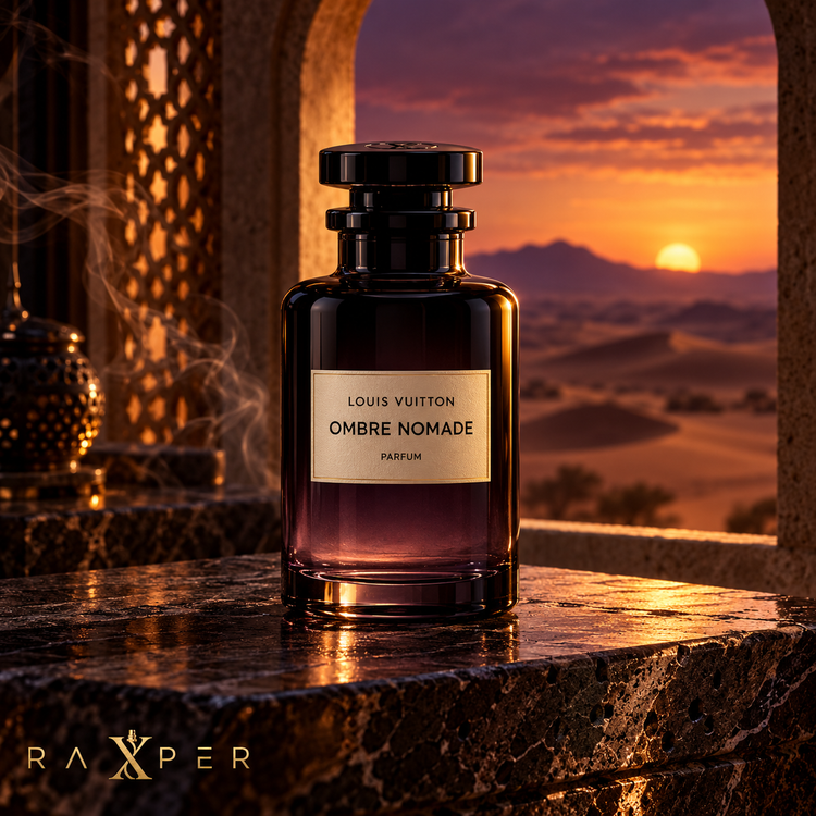 نمای ادیتوریال عطر لویی ویتون آمبر نوماد در غروب کویر لوکس