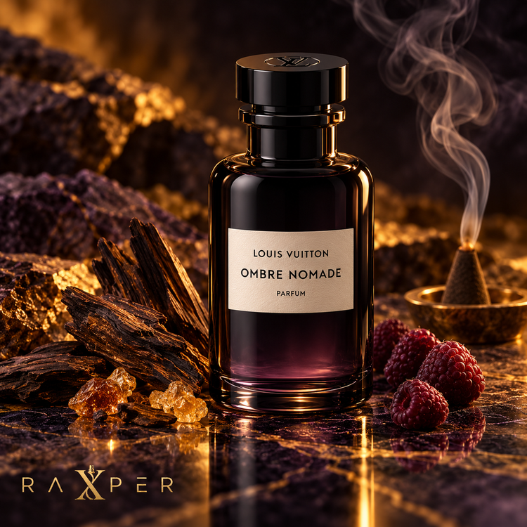 عطر لویی ویتون آمبر نوماد در کنار چوب عود، بنزوئین، بخور و تمشک