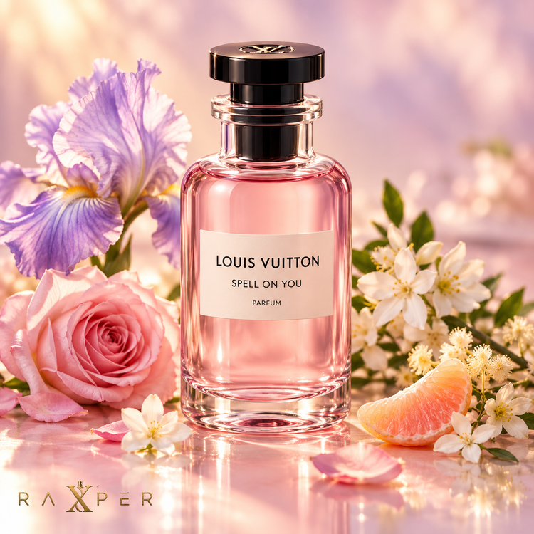 عطر لویی ویتون اسپِل آن یو در کنار زنبق فلورانس، رز، یاس سامباک و آکاسیا