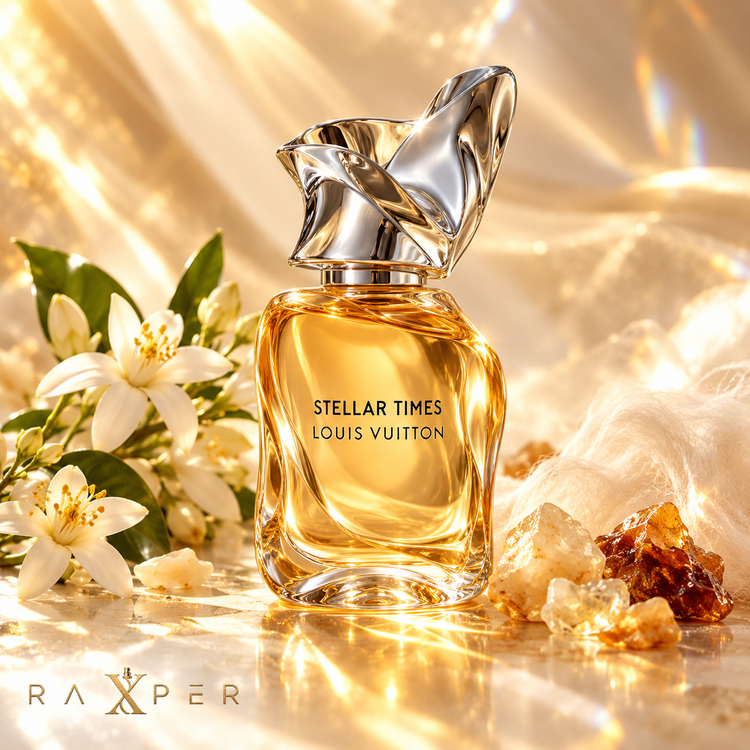 عطر لویی ویتون استلار تایمز در کنار شکوفه پرتقال، عنبر سفید و بالسام پرو