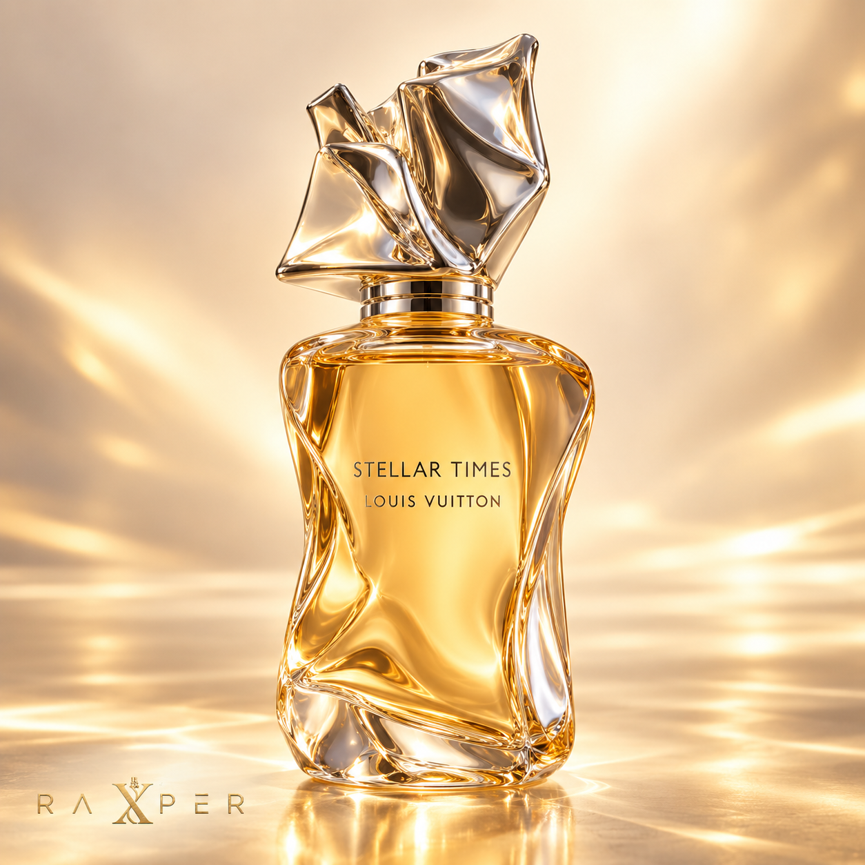 عطر لویی ویتون استلار تایمز با بطری طلایی و درپوش نقره‌ای در نمای استودیویی