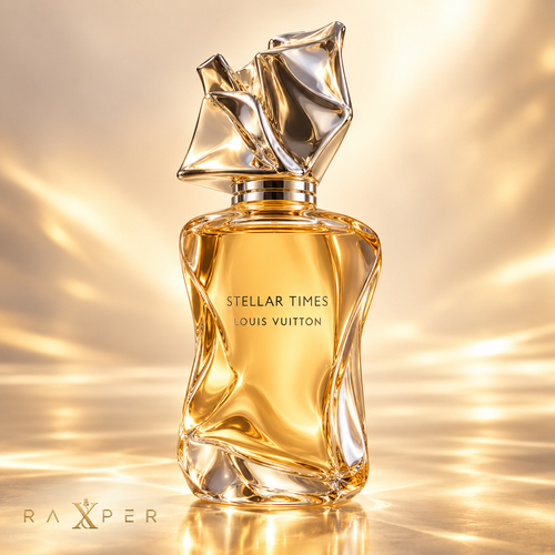 عطر لویی ویتون استلار تایمز با بطری طلایی و درپوش نقرهای در نمای استودیویی