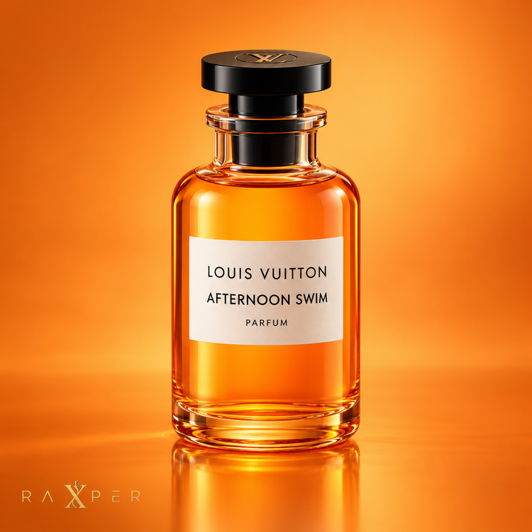 عطر لویی ویتون افترنون سویم با بطری نارنجی در نمای استودیویی لوکس