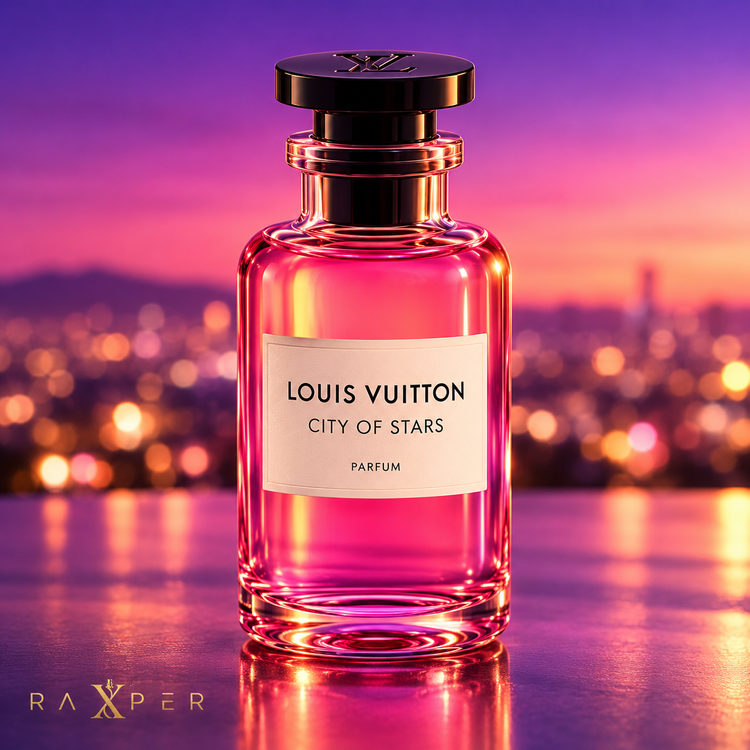 عطر لویی ویتون سیتی آو استارز با بطری صورتی در نمای استودیویی لوکس