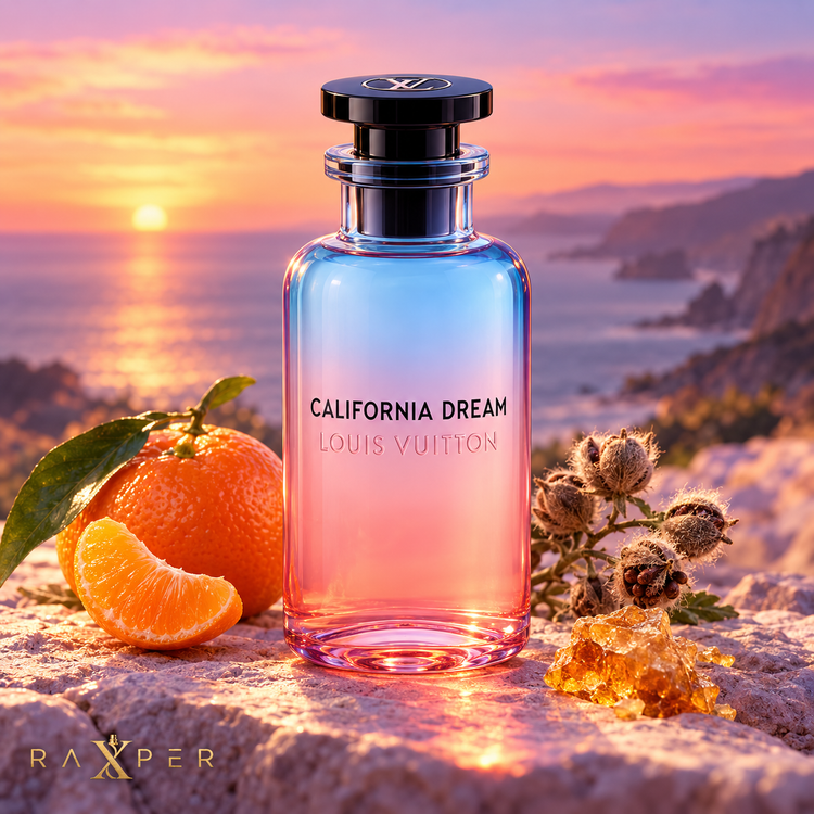 عطر لویی ویتون کالیفرنیا دریم در کنار نارنگی، دانه آمبرت و رزین بنزوئین