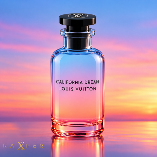 عطر لویی ویتون کالیفرنیا دریم با بطری گرادیانی آبی و صورتی در نمای استودیویی