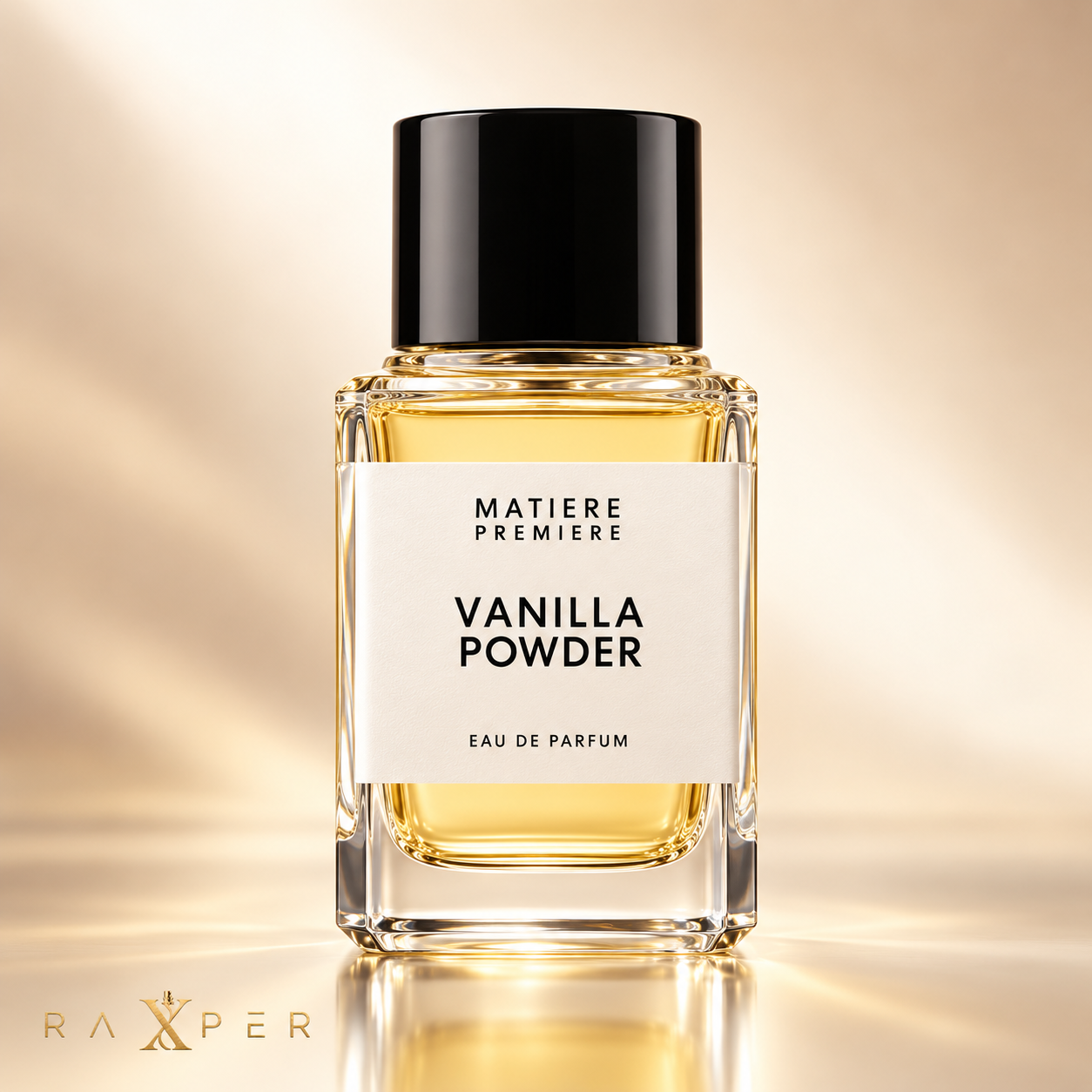 عطر متییر پرمیر وانیلا پودر با بطری طلایی در نمای استودیویی لوکس
