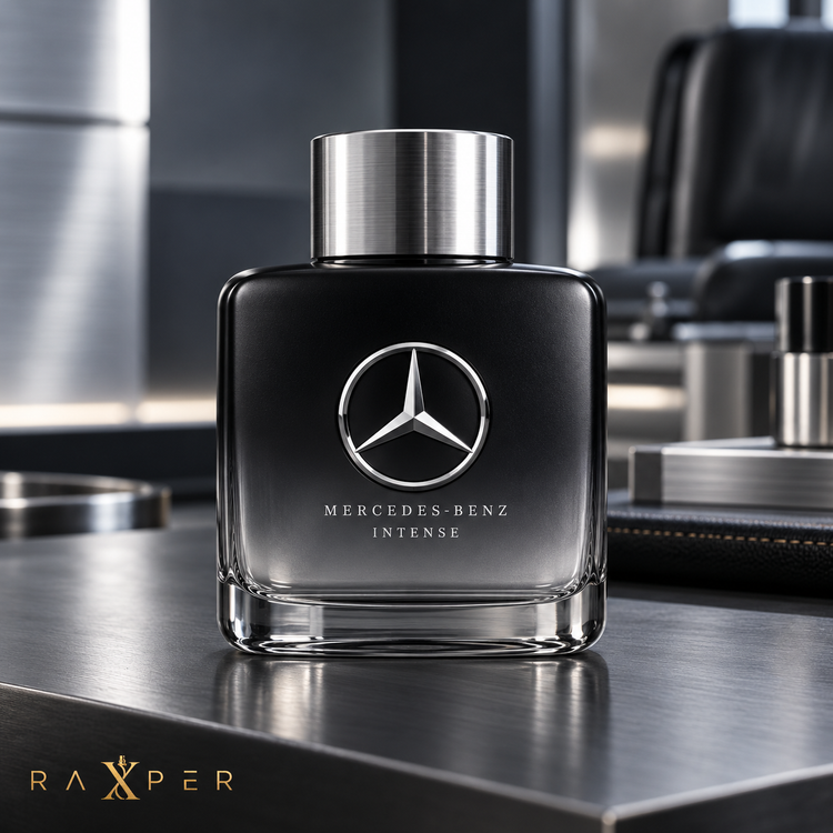 نمای ادیتوریال عطر مرسدس بنز اینتنس در فضای مدرن و لوکس خودرویی