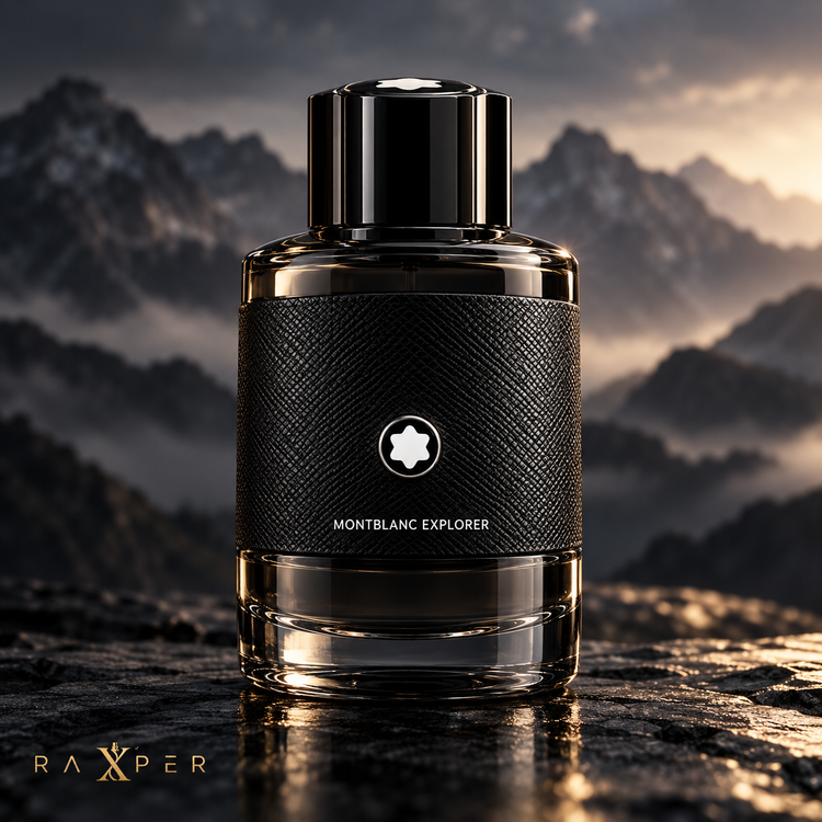 عطر مونبلان اکسپلورر با بطری مشکی و روکش چرمی در نمای استودیویی لوکس