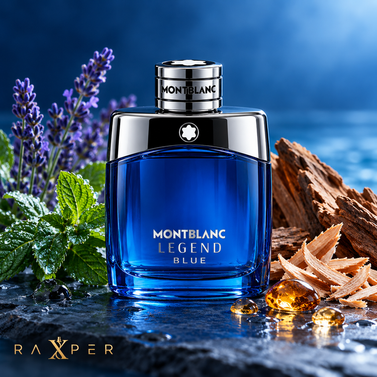 عطر مونبلان لجند بلو در کنار نعناع، اسطوخودوس، چوب سدر، چوب صندل و آمبروکسان