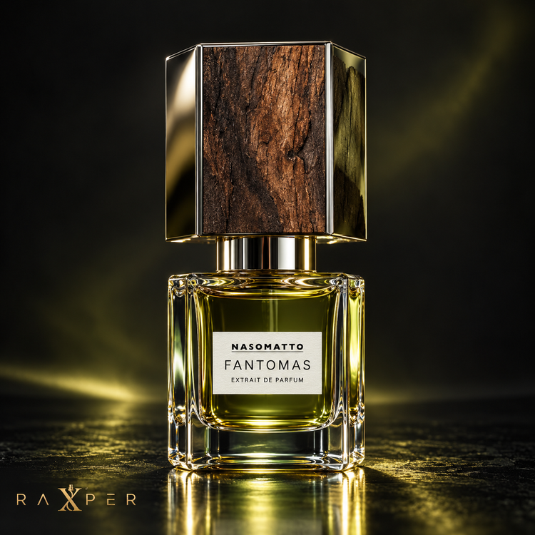 عطر ناسوماتو فانتوماس با بطری سبز و درپوش چوبیفلزی در نمای استودیویی لوکس
