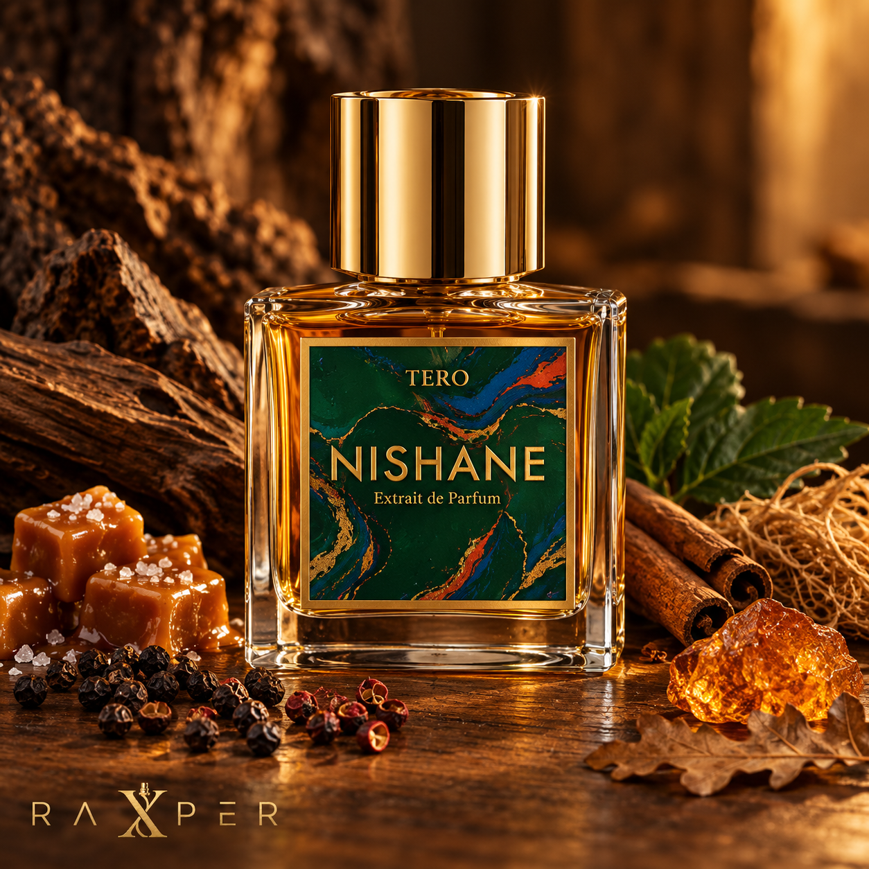 عطر نیشانه ترو در کنار کارامل نمکی، فلفل سیاه، دارچین، پچولی و وتیور