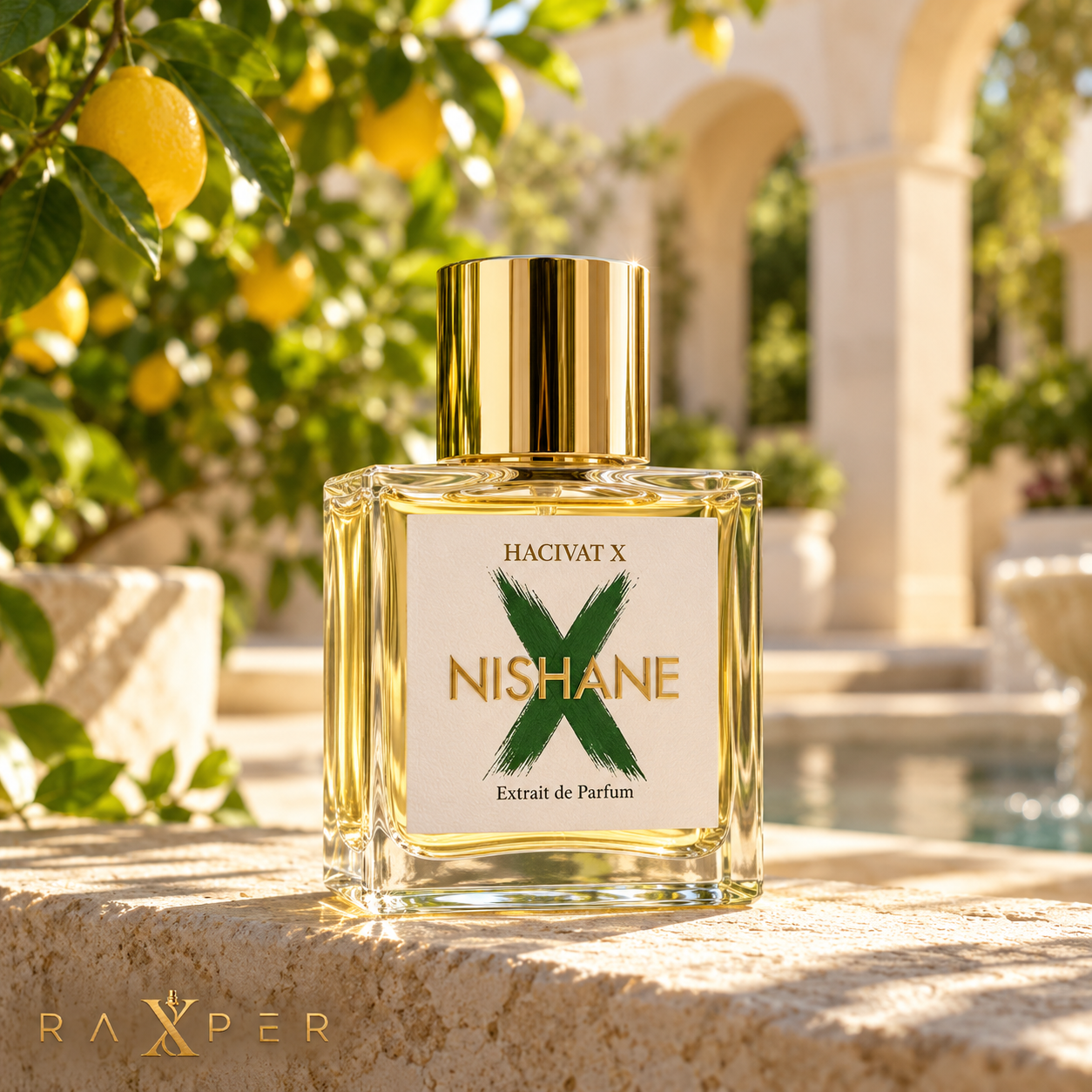 نمای ادیتوریال عطر نیشانه حاجیوات ایکس در باغ مرکبات مدیترانهای لوکس
