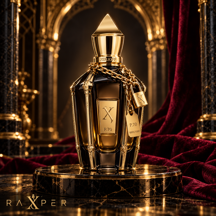 عطر زرجوف P.70 با شیشه طلایی و زنجیر قفلدار در نمای استودیویی لوکس