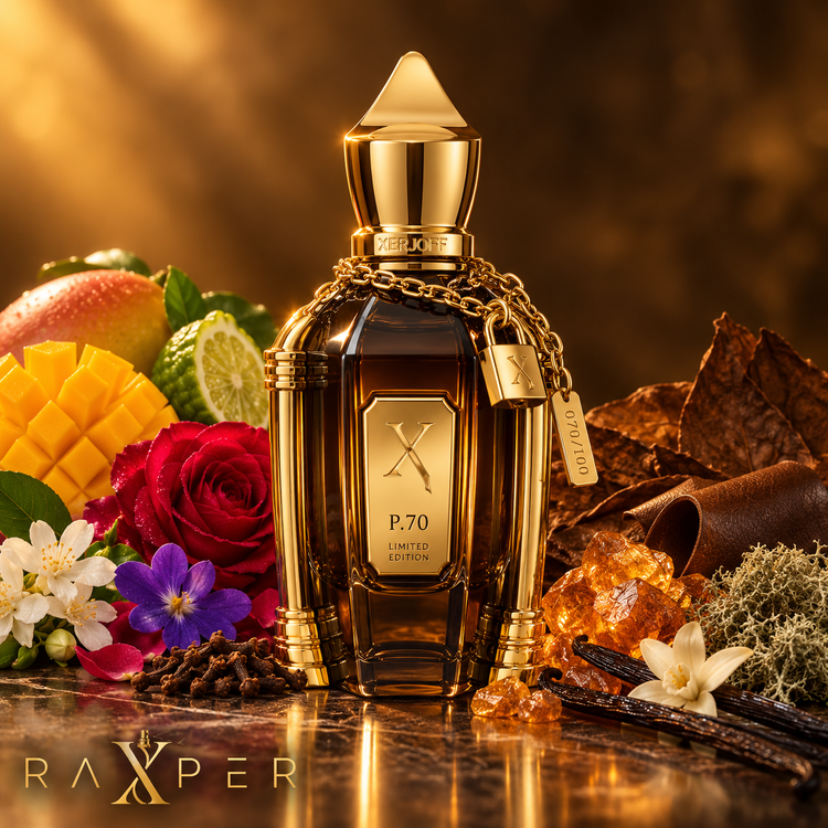عطر زرجوف P.70 با شیشه طلایی و زنجیر قفلدار در نمای استودیویی لوکس