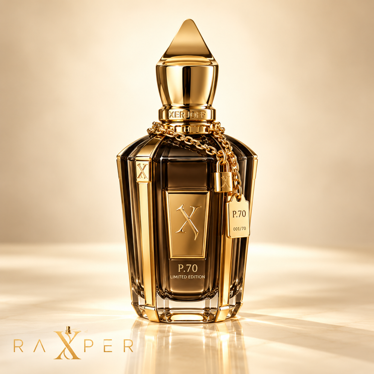 عطر زرجوف P.70 با شیشه طلایی و زنجیر قفلدار در نمای استودیویی لوکس
