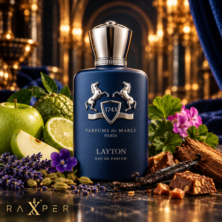 عطر Parfums de Marly Layton در کنار سیب، ترنج، هل، اسطوخودوس، وانیل و پرالین