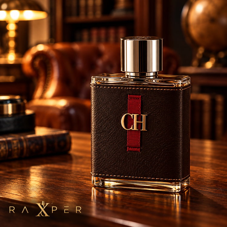 عطر گرمی کارولینا هررا سی اچ فور من با بطری چرمی قهوهای تیره در فضای ادیتوریال کتابخانه و مبلمان چرمی لوکس با لوگوی رکسپر