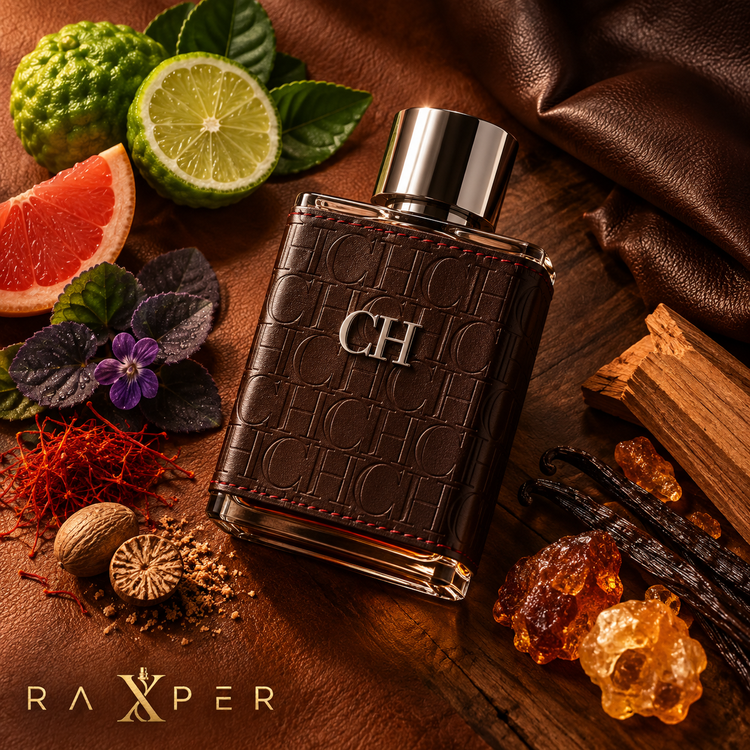 عطر گرمی کارولینا هررا سی اچ فور من با بطری چرمی قهوهای تیره در کنار برگاموت، گریپفروت، بنفشه، زعفران، وانیل، چوب صندل و چرم با لوگوی رکسپر
